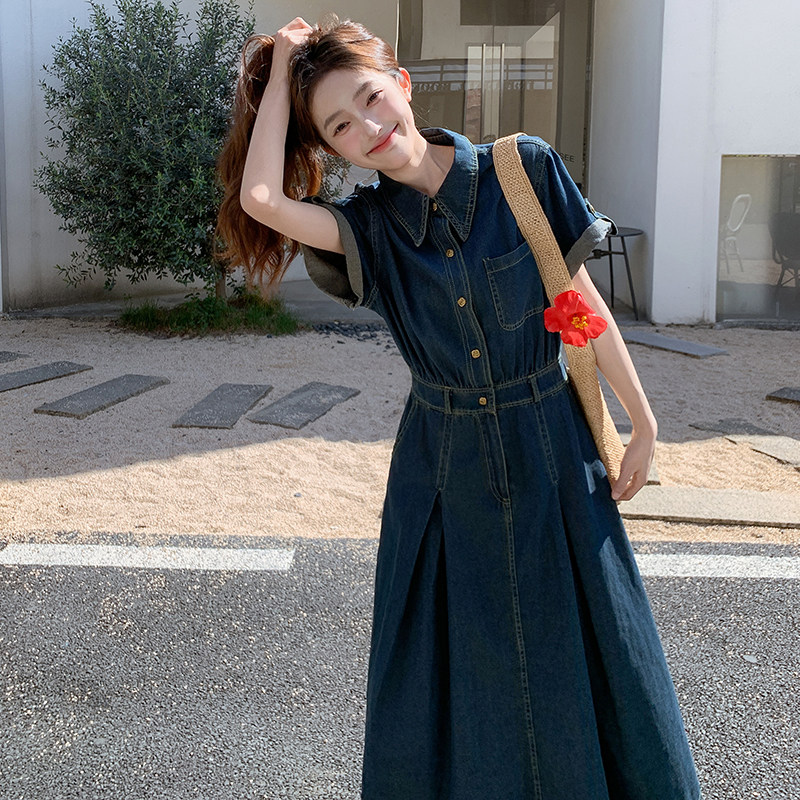 法式复古牛仔蓝衬衫连衣裙女2025夏季新款减龄独特漂亮显瘦长裙,女装连衣裙,2C295