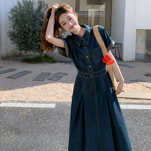 法式复古牛仔蓝衬衫连衣裙女2025夏季新款减龄独特漂亮显瘦长裙图片