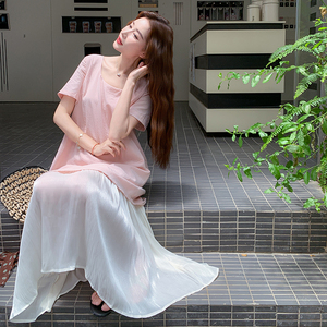 法式粉色假两件薄纱拼接连衣裙女夏2025新款绝美裙子流行爆款漂亮图片