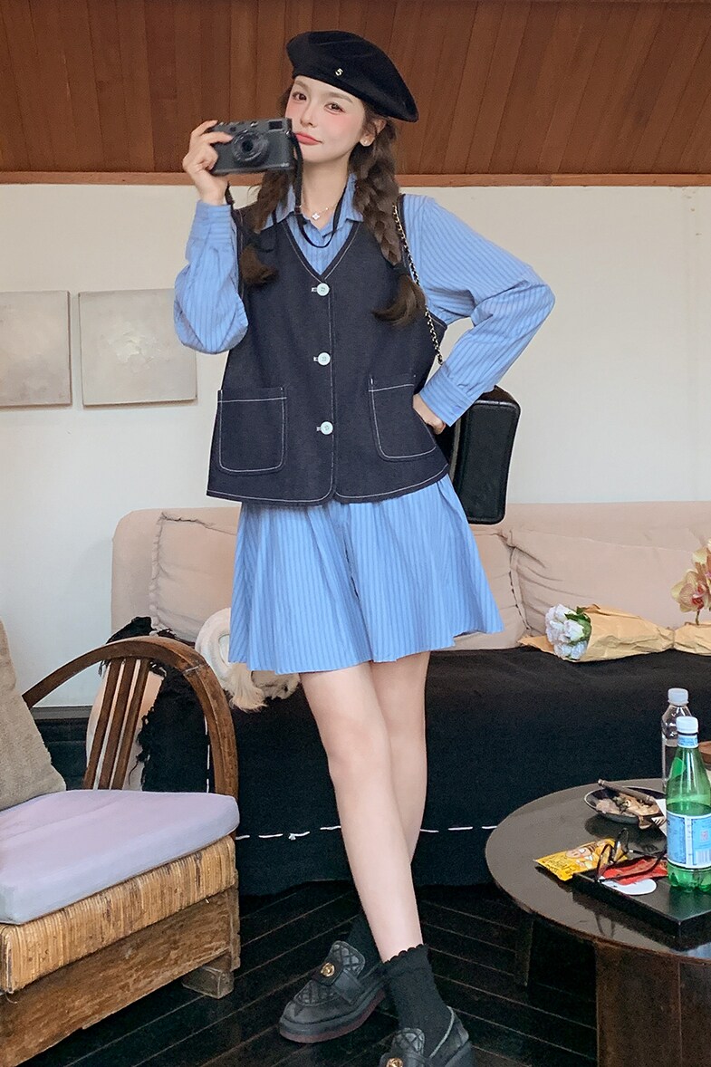视频主推条纹连衣裙＋牛仔马甲两件套7723P155-K228,女装套装/套裙,2C295