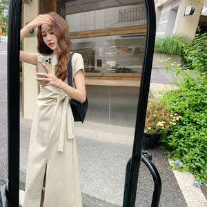 杏色韩版简约休闲松弛感连衣裙女2025夏季新款设计款收腰T恤长裙图片
