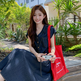 深蓝色复古设计感薄款牛仔长裙女2025夏季新款气质港风收腰连衣裙，女装连衣裙，2C295