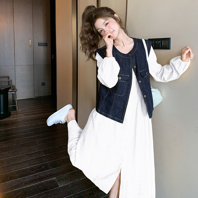 主推防掉色牛仔马甲+绣花连衣裙两件套2957720-P175-K238，女装套装/套裙，2C295