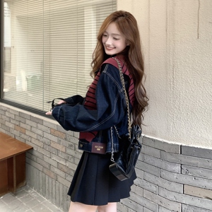 蓝色条纹披肩牛仔短外套女小个子2025秋季新款宽松减龄休闲夹克图片