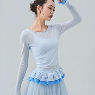 新款古典舞湖蓝色表演服洋气练功服日常可穿荷叶边上衣套装