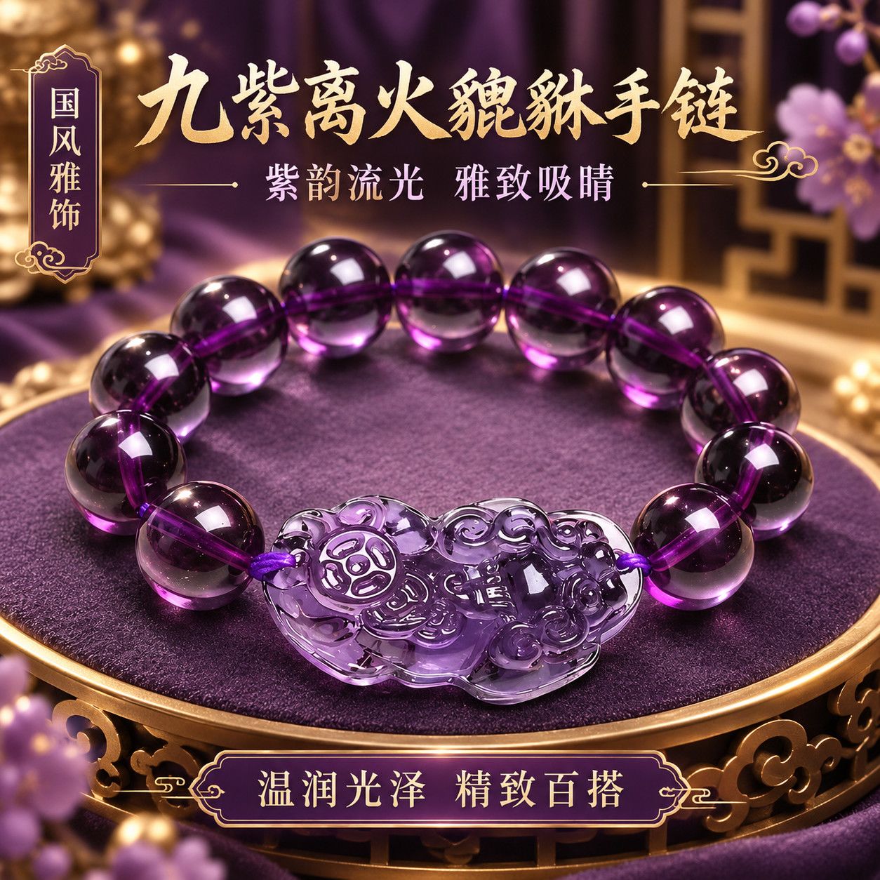 九紫离火紫貔貅招财进宝手串情侣款生日礼物串珠原矿取材手链