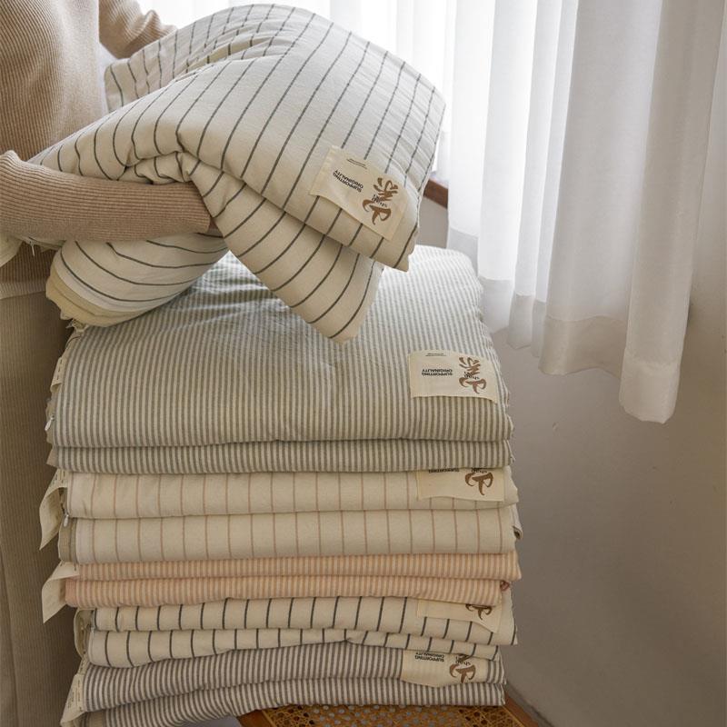 ins水洗棉条纹夏凉被秋冬加厚保暖被单双人被芯柔软全纯棉四件式