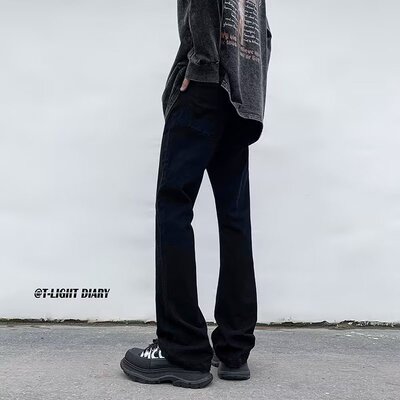 美式vibe风裤子高街纯黑色修身微喇牛仔裤男款显高直筒裤秋季