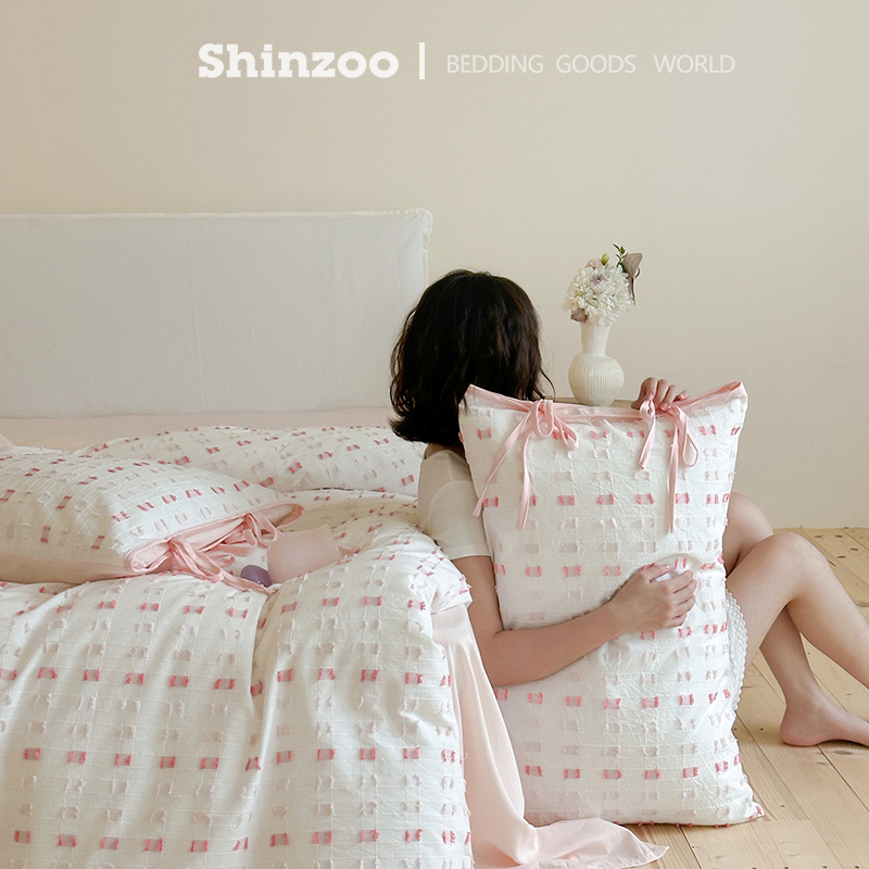寝作shinzoo新款日式纯棉水洗剪花全棉绑带款四件套件套床品套件