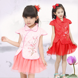 女童唐装夏季公主纱裙套装童装夏天装旗袍短裙儿童节民族舞蹈礼服