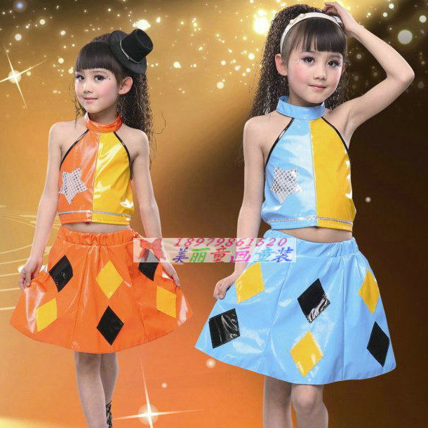 2025PU皮六一演出服爵士舞儿童现代舞蹈服装表演服女童时尚套裙子