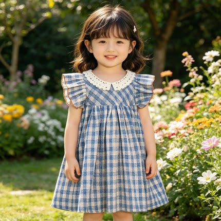 女宝宝夏季连衣裙2026新款女童法式蓝格子纯棉公主裙女孩夏装裙子