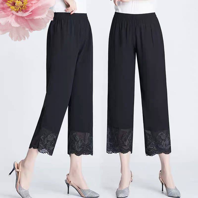 妈妈直筒裤子夏中老年婆婆休闲宽松绣花奶奶雪纺裤中年九分女裤薄