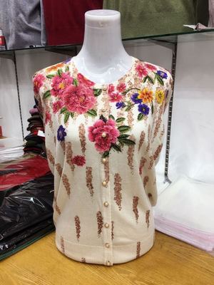 高端中老年女装毛衣外搭针织衫秋冬季绒衫羊毛衫宽松印花短款开衫