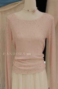 25烫钻满天星高级感一字肩含绵羊毛针织打底衫 女秋冬洋气百搭长袖