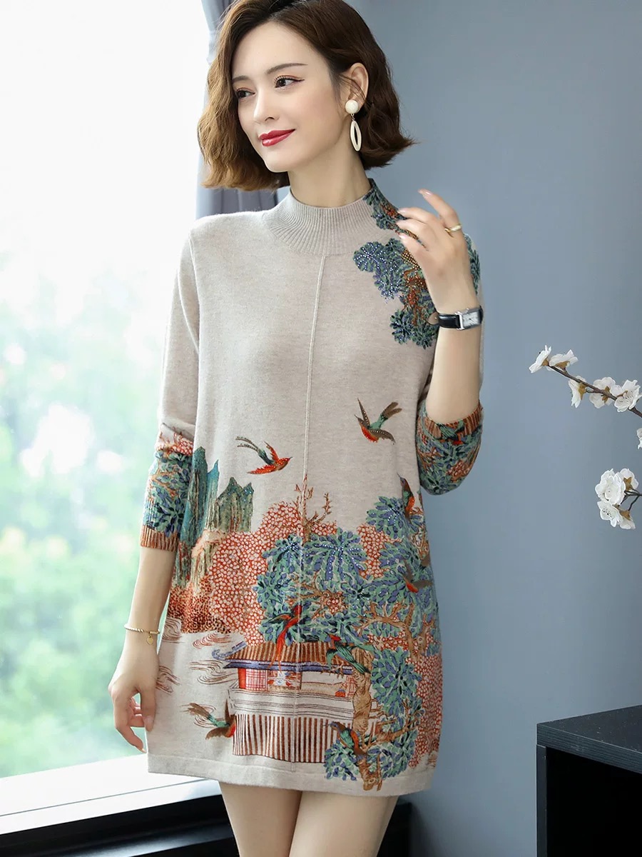 中年妈妈秋冬中长款100纯羊毛衫女中老年秋装洋气打底毛衣连衣裙