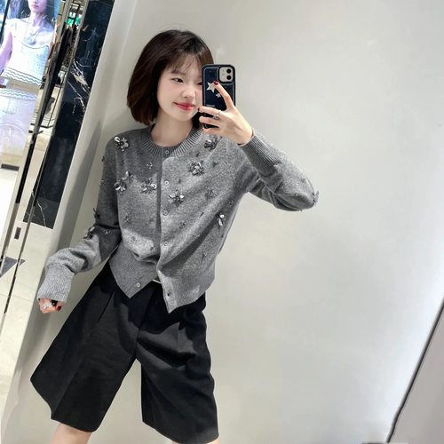 品牌折扣！100%绵羊毛秋手工钉钻针织开衫MBD3CAR021设计感外套女