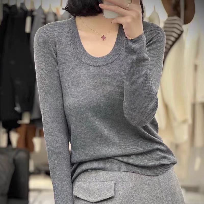 正版48支100%绵羊毛！高品极简大牌U领长袖修身毛衣打底衫24秋冬