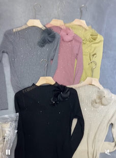 镶钻设计花朵女士针织衫 时尚 H87M01Q28034 100%美丽诺 小众正版