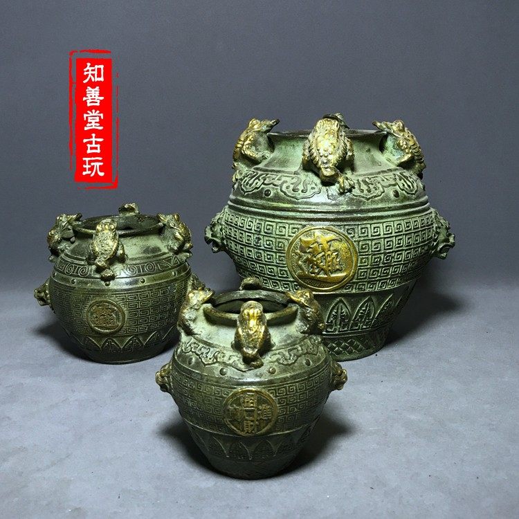 仿古古玩铜器收藏 黄铜铜器 摆件 金蟾貔貅招财铜罐 招财进宝