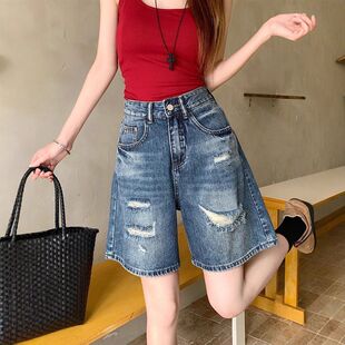 胖mm高腰显瘦直筒阔腿五分中裤 女夏季 子 复古破洞a字牛仔短裤 大码