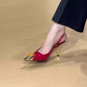 走秀款 女 名媛宴会设计感单鞋 性感红色宝石金属铁头高跟鞋 金跟凉鞋