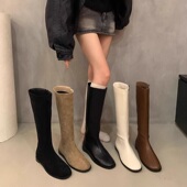 小个子卡其色长靴女靴子法式 早秋粗跟棕色高筒靴骑士靴西部牛仔靴