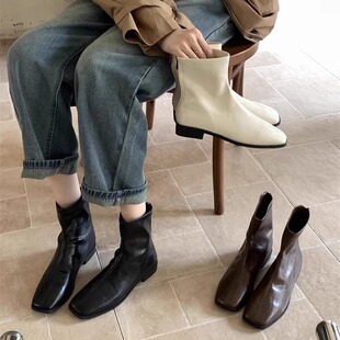 韩版瘦瘦靴2026新款平底低跟后拉链复古百搭方头马丁靴短靴女单靴
