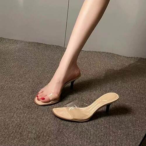 细跟方头气质透明一字带凉拖鞋女
