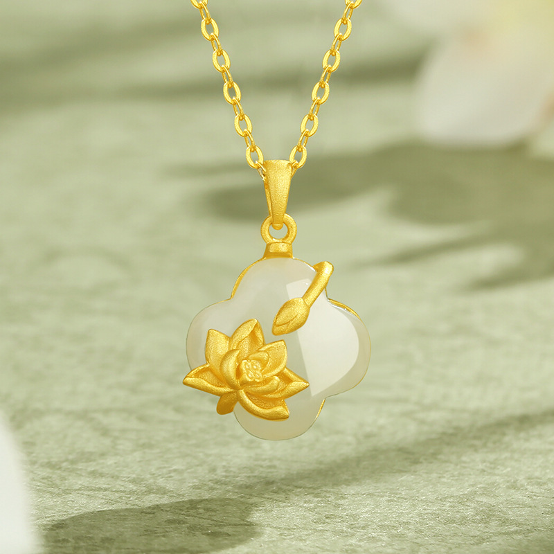 好事莲莲项链女S925纯银新中式四叶草和田玉吊坠古法金莲花项饰品