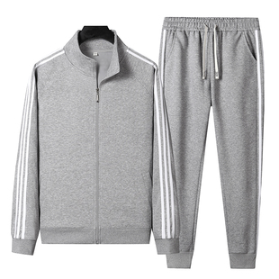 休闲运动服纯棉套装三道杠立领宽松情侣跑步健身两件套开衫卫衣男
