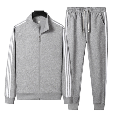 休闲运动服纯棉套装三道杠立领宽松情侣跑步健身两件套开衫卫衣男