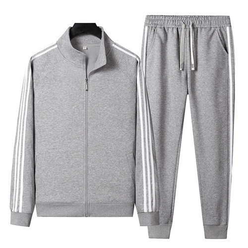休闲运动服纯棉套装三道杠立领宽松情侣跑步健身两件套开衫卫衣男