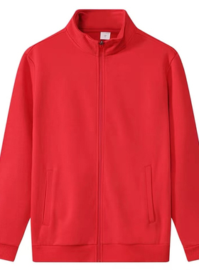 纯棉中国红色男士开衫外套秋冬休闲大红上衣宽松拉链立领卫衣加绒