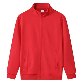 纯棉中国红色男士开衫外套秋冬休闲大红上衣宽松拉链立领卫衣加绒