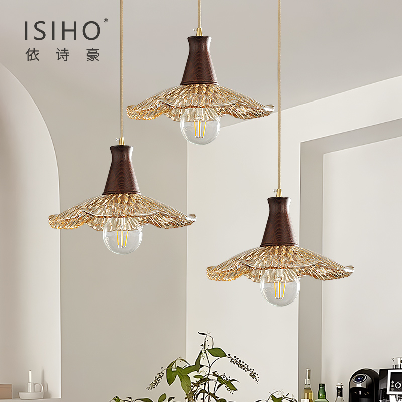 新款法式中古全铜温馨餐厅吊灯日式复古胡桃木咖啡厅卧室床头灯具