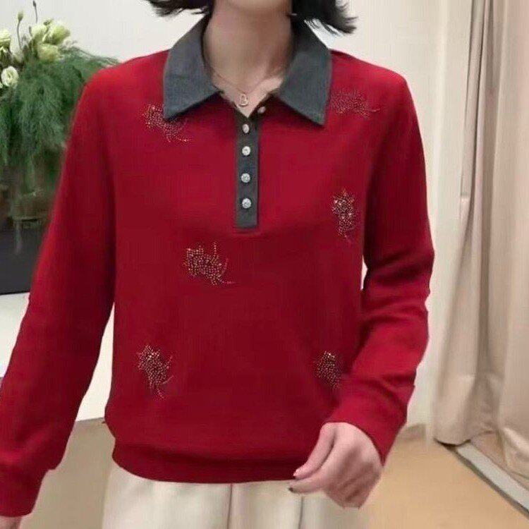 一件代发直播爆款2026春季新款拼色宽松长袖T恤女士衬衫翻领上衣