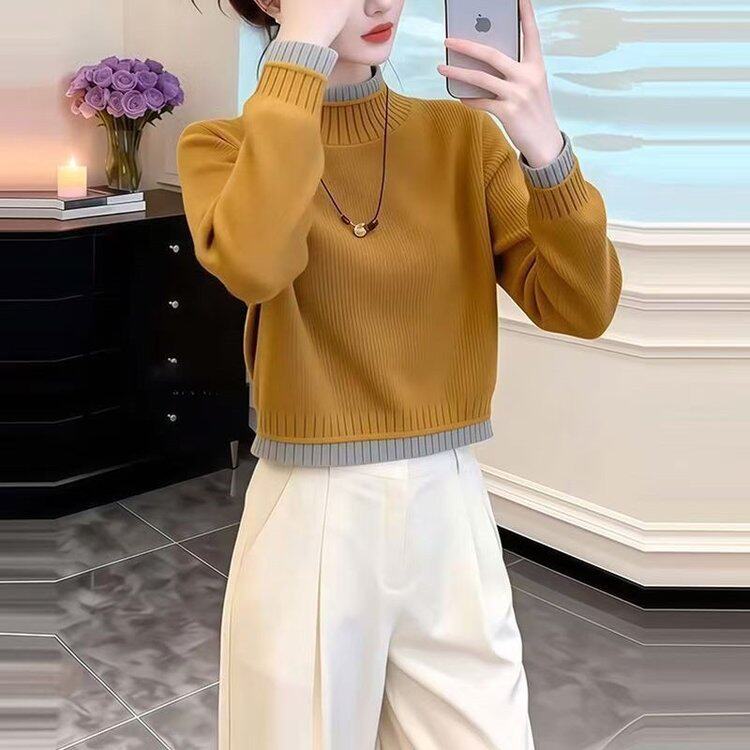 一件代发黄色慵懒风宽松长袖针织衫女2026春秋冬季新款假两件上衣