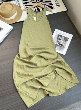 西班牙D~极简风U领 格林系绿色棉麻混纺背心裙无袖连衣裙女夏长裙