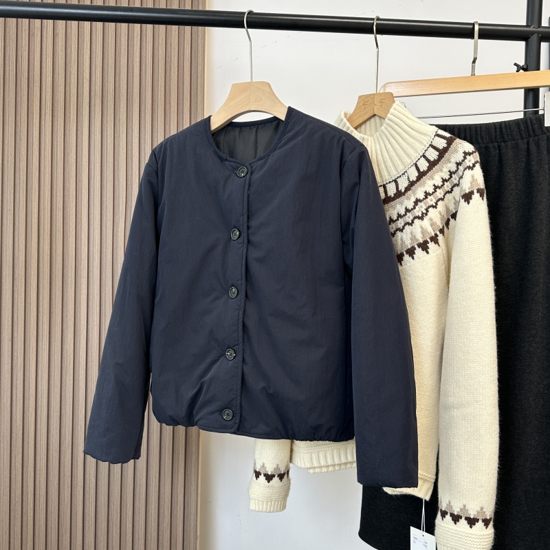 及简圆领纽扣廓形开叉短棉衣棉服