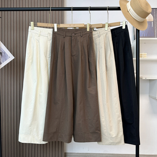 宽松休闲裤 松弛感可可裤 高支水洗100棉立体双褶宽边九分大阔腿裤