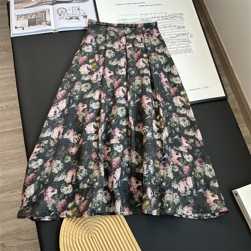 100天然苎麻 复古油画数码印花 法式慵懒度假风中长裙a字半身裙女