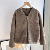 优家秋冬女柔软仿羊羔绒摇粒绒外套长袖 保暖抓绒V领拉链开衫 上衣