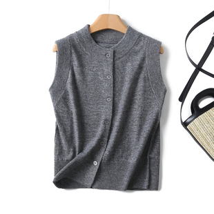 简约圆领纽扣软糯灰色针织背心马甲 法式 西班牙D 早春2024新款