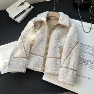 翻领厚夹克上衣短外套 仿羊羔绒抓绒皮毛一体长袖 西班牙D 秋冬新品