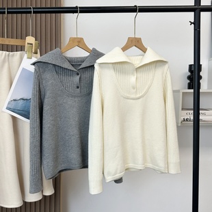 型叠层针织衫 版 秋冬 亨利领纽扣半开襟套头毛衣女修身 老渠道来货