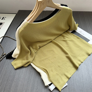 针织T恤上衣夏款 肌理坑条 100莱赛尔轻盈透气一字船领蝙蝠落肩袖