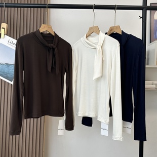 温柔知性弹力修身兔耳朵领结半高领软糯舒适长袖T恤气质打底上衣