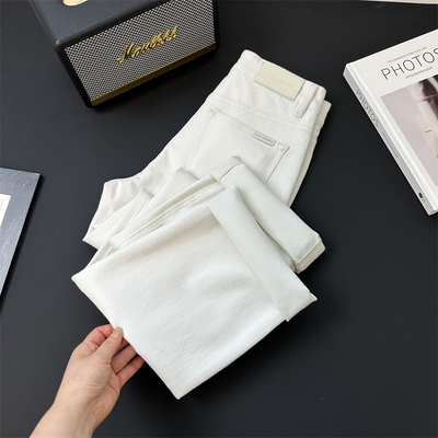 四面弹白色牛仔垂坠感窄版长裤