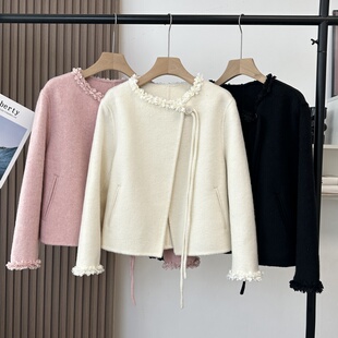 新中式 圆领一粒扣系带流苏双面毛呢子短大衣小个外套女 花瓣洋气